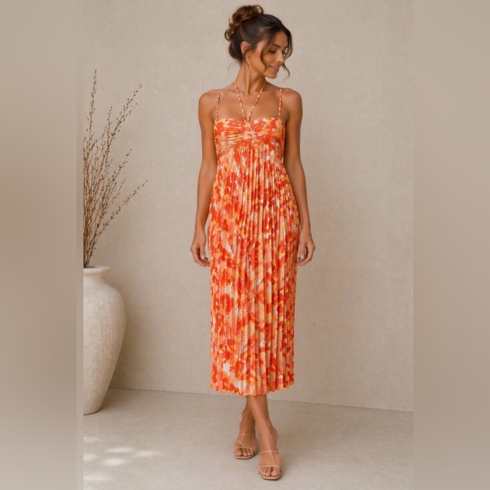 ZARA Groovy Floral Pleated Midi Dress with Spaghetti Straps